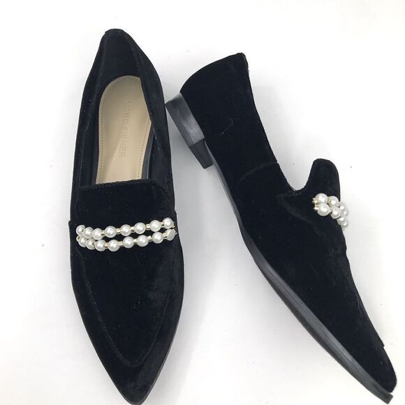 Marc Fisher Black Velvety Kneel Pearl Embellished Pointed Toe Slip On Loafer - Picture 10 of 16